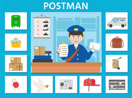 Profession game for kids. cartoon postman. papercard. printable worksheet. vector illustrationのイラスト素材