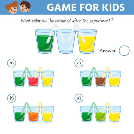 Kids science game. The research process with chemistry flasks. What color will be obtained after the experiment. printable worksheet. vector illustrationのイラスト素材