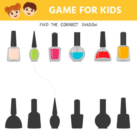 Logic game for girls. Match the pictures nail polish and the right shadow. printable worksheet. vector illustrationのイラスト素材