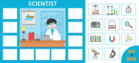 Vector character illustration of scientist doing scientific research. Game for preschool kids. Puzzle. profession. Scientist and scientific equipmentのイラスト素材
