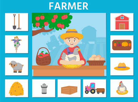 Logic game for kids profession. farmer. Template for cards - puzzles. Vector illustration for printingのイラスト素材