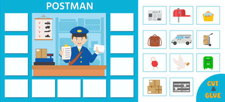 Profession game for kids. cartoon postman. papercard. printable worksheet. vector illustrationのイラスト素材