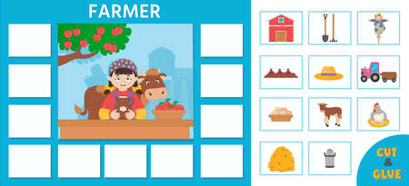 Logic game for kids profession. farmer. Template for cards - puzzles. Vector illustration for printingのイラスト素材