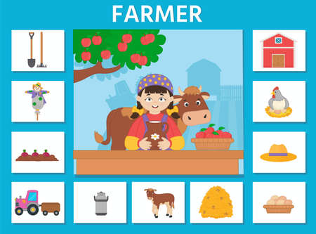 Logic game for kids profession. farmer. Template for cards - puzzles. Vector illustration for printingのイラスト素材