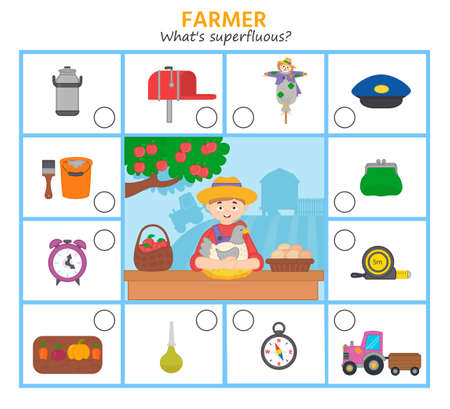 Logic game for kids profession. farmer. What's superfluous? Mark items required for this profession. preschool worksheet activity. printable worksheet. vector illustrationのイラスト素材