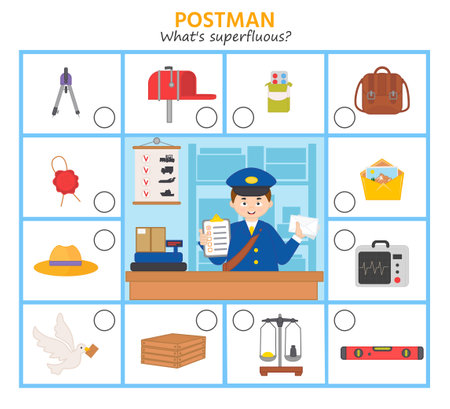 Logic game for kids profession. Postman. What's superfluous? Mark items required for this profession. preschool worksheet activity. printable worksheet. vector illustrationのイラスト素材
