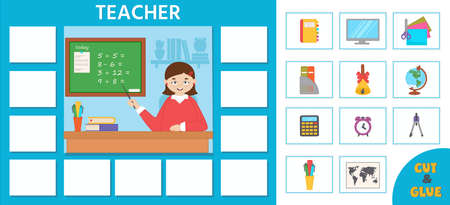 Educational game for kids. learning cards. Professions. teacher and school supplies. preschool worksheet activity. vector illustrationのイラスト素材