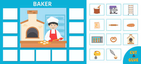 Educational paper game for kids. Puzzle. learning cards. Professions. Baker at the bakery. preschool worksheet activity. vector illustrationのイラスト素材