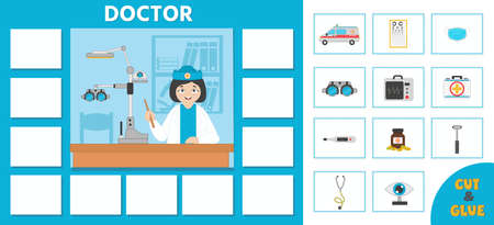 Educational paper game for kids. Puzzle. learning cards. Professions. Doctor and medical supplies. preschool worksheet activity. vector illustrationのイラスト素材
