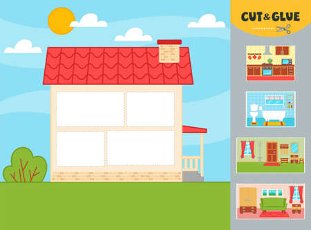 paper game for kids. applique. Cut and Paste in worksheet. house. Use scissors and glue to create the image. preschool worksheet activity. vector illustrationのイラスト素材