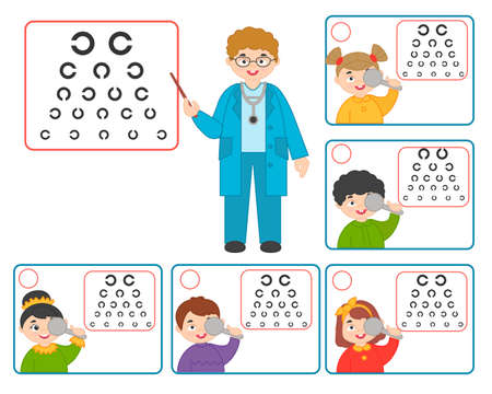 Game for kids. Doctor oculist pointing at children eyesight test chart symbols. Optometrist checking kid eyesight. printable worksheet vector illustrationのイラスト素材