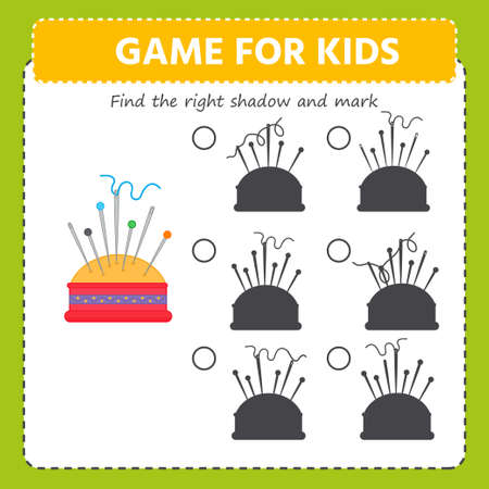 A game for children. Find the correct shadow. Pin cushion with needles and threads. The development of logic in kids. vector illustration for printのイラスト素材
