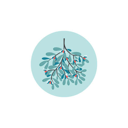 Vector modern design illustration. Christmas mistletoe with oblong leaves and red berries. Poster or postcard design.のイラスト素材