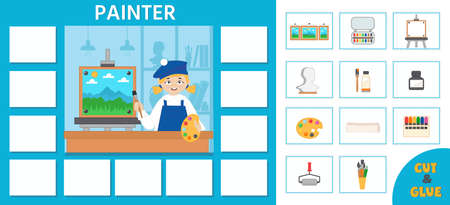 Educational game for kids. Puzzle. learning cards. Professions. Painter and art tools. preschool worksheet activity. vector illustrationのイラスト素材