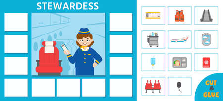 Educational game for kids. learning cards. Professions. Cute stewardess on board. preschool worksheet activity. vector illustration in cartoon styleのイラスト素材
