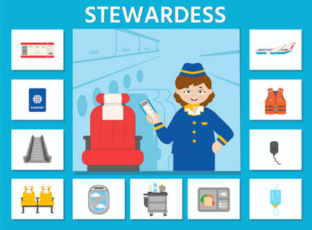 Educational game for kids. learning cards. Professions. Cute stewardess on board. preschool worksheet activity. vector illustration in cartoon styleのイラスト素材