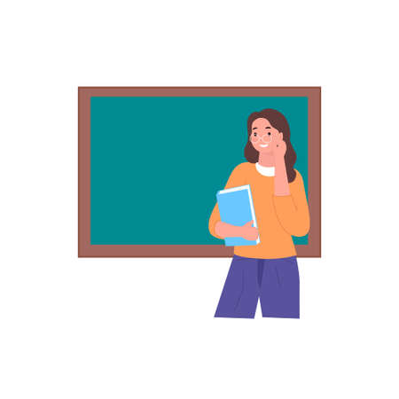 Teacher near the blackboard with a class magazine. Back to school concept. Vector illustration for your banner, poster.のイラスト素材