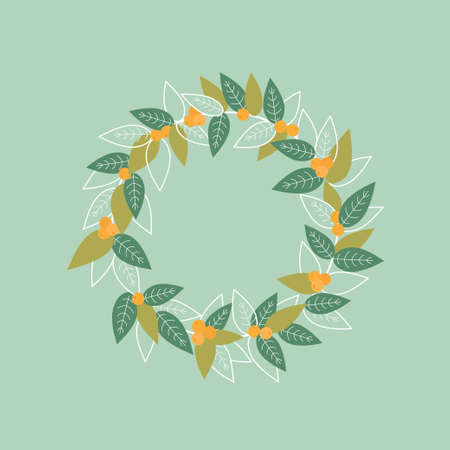 Round frame with mistletoe leaves and place for text for your decor. Decoration of holiday cards, banners, posters, Christmas-themed presentations.のイラスト素材
