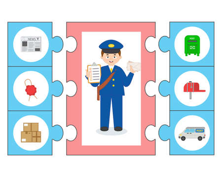 Game for kids. Puzzle. learning cards. Professions. Postman. Preschool worksheet activity for children. vector illustration in cartoon styleのイラスト素材