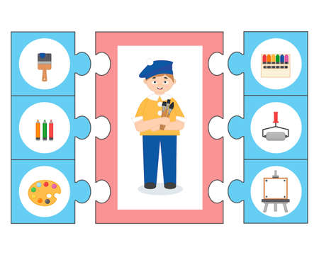 Game for kids. Puzzle. learning cards. Professions. Artist boy and supplies: brushes, palette, painting, paints, easel. Preschool worksheet activity for children. vector illustration in cartoon styleのイラスト素材