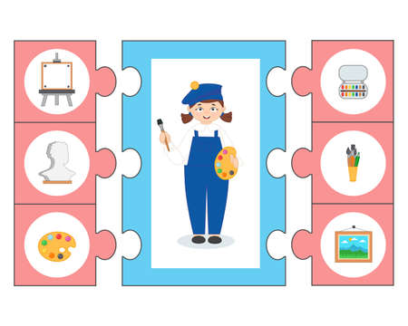 Game for kids. Puzzle. learning cards. Professions. Artist girl and supplies: brushes, palette, painting, paints, easel. Preschool worksheet activity for children. vector illustration in cartoon styleのイラスト素材
