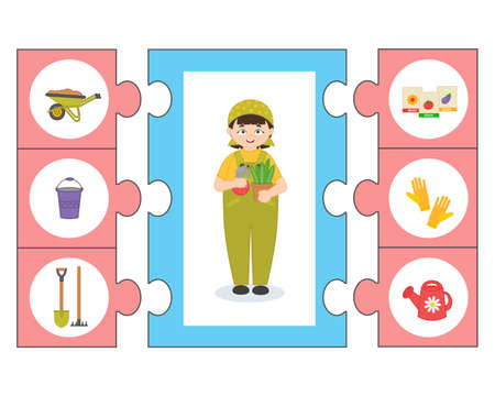 Educational game for kids. learning cards. Professions. cute gardener. Puzzle. preschool worksheet activity. vector illustration in cartoon styleのイラスト素材