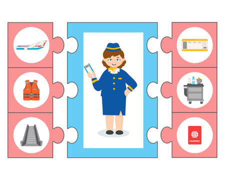Educational game for kids. learning cards. Professions. Cute stewardess on board. preschool worksheet activity. vector illustration in cartoon styleのイラスト素材