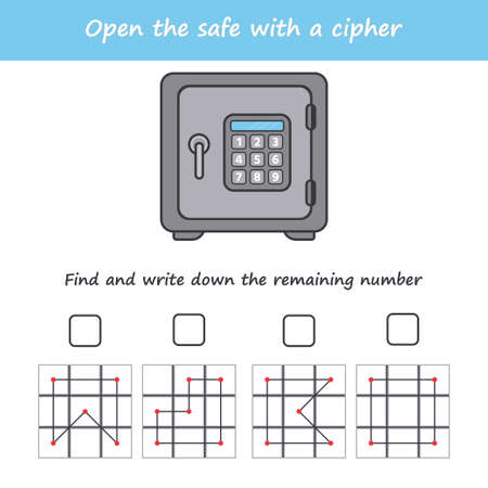 A game for children. Open the safe with a cipher. Cross out numbers by algorithm. IQ test. A game for the development of logic. Vector illustration for printing.のイラスト素材