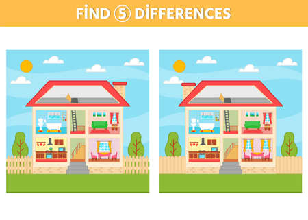A game for children. Find 5 differences in the picture. House with rooms. A game for the development of logic and mindfulness. vector illustration.のイラスト素材