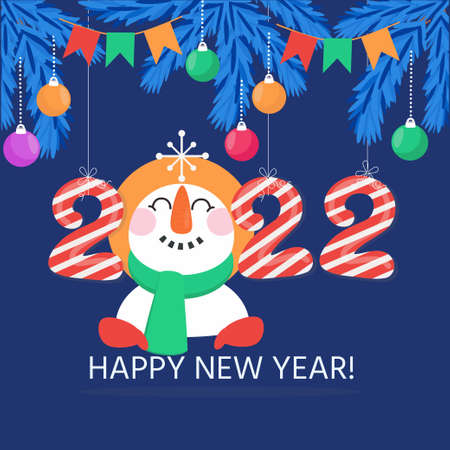 New Year's banner, greeting card, decorated with fir branches and multi-colored Christmas balls, a snowman and the inscription 2022. Christmas theme. vector illustration.のイラスト素材