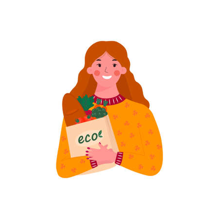 Girl holds eco bag of purchased vegetables at a farmers market. Caring for the environment, Zero waste, vegetarianism, ecological grocery shopping, reusable friendly shopper basket with vegetables and fruits. vector illustrationのイラスト素材
