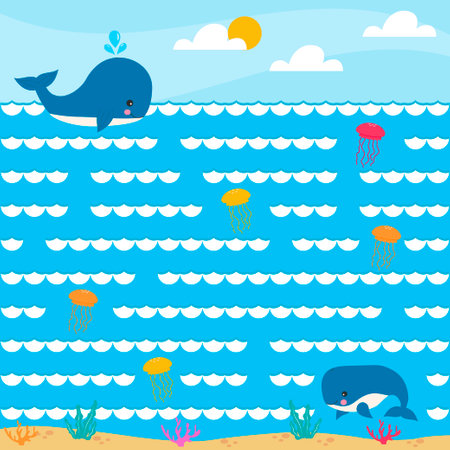 Marine game Labyrinth walker. Help the whale swim to mom. Developing Assignment for Preschoolers fun. cartoon vector illustration.のイラスト素材