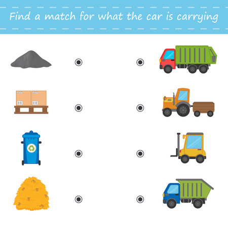 A game for children. Find a match for which cargo the lucky car. Garbage truck, truck, tractor, loader. Printable worksheet, vector illustrationのイラスト素材