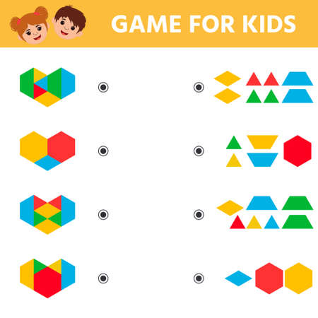 Education logic game for preschool kids. Kids activity sheet. Find figure matching. iq test. Children funny riddle entertainment. vector illustrationのイラスト素材
