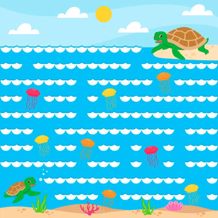 A game for children to develop logic. Labyrinth. Help the turtle get to mom. vector illustration. Printed worksheet for preschoolers.のイラスト素材