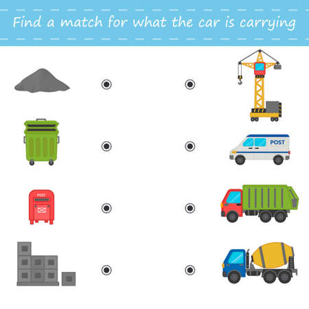 A game for kids. Find a match for which cargo the lucky car. Garbage truck, concrete mixer, construction crane, mail delivery. printable worksheet. Children funny riddle entertainment.のイラスト素材