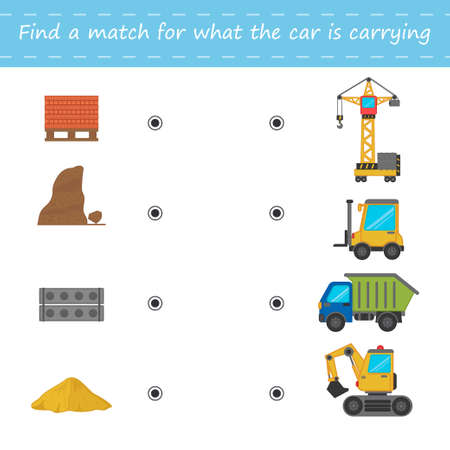 A game for kids. Find a match for which cargo the lucky car. loader, excavator, construction crane, truck. printable worksheet. Children funny riddle entertainment.のイラスト素材