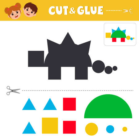 Educational game for kids. Make a dinosaur from geometric shapes. preschool worksheet activity. Children funny riddle entertainment. vector illustrationのイラスト素材