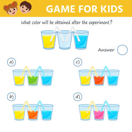 A game for the development of logical thinking in children. what color will turn out in the glass after the experiment. vector illustrationのイラスト素材