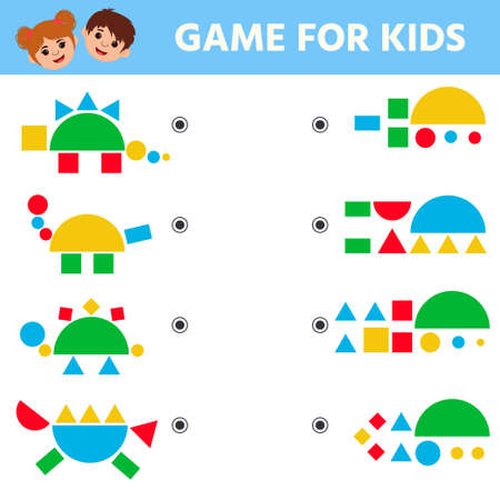 Education logic game for preschool kids. Kids activity sheet. Dinosaur. Find figure matching. iq test. Children funny riddle entertainment. vector illustrationのイラスト素材