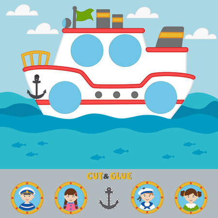 A game for children. Cut and paste the ship's passengers. Kids vector riddle with cartoon ship in the sea. Children funny riddle entertainment. vector illustrationのイラスト素材