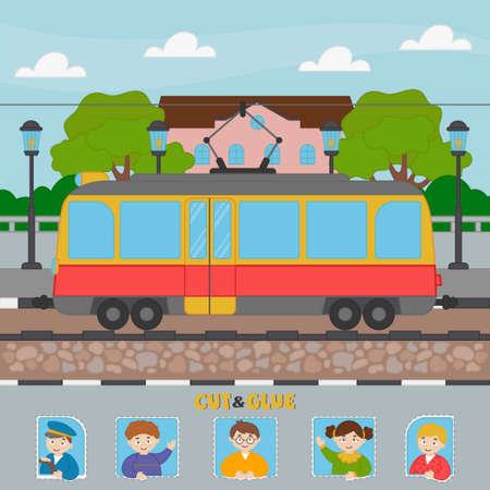 A game for children. The tram rides along the city street - application. Cut and paste the tram's passengers. Kids vector riddle. Children funny riddle entertainmentのイラスト素材