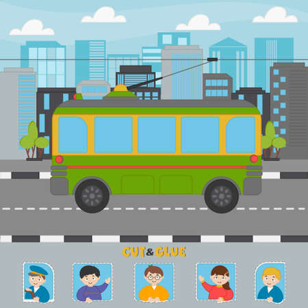 A game for children. Cut and stick passengers on the trolley. Worksheet for printing. vector illustration.のイラスト素材
