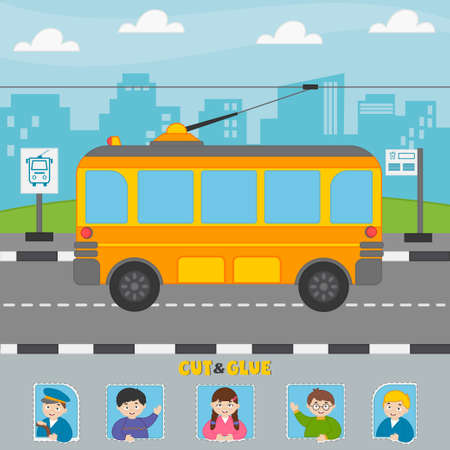 Game for kids. Cut and glue passengers on the trolleybus. AppliquÃ©. Worksheet for printing. Kids vector riddle.のイラスト素材