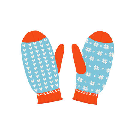 Pair of knitted warm winter mittens isolated on white background. christmas glove. Vector illustration for hand drawn hygge interior decorations, Christmas greeting card.のイラスト素材