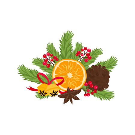 Christmas composition with fir branches, orange slice, christmas bells, berries and pine cone. Vector illustration for greeting card, decorations, banerのイラスト素材