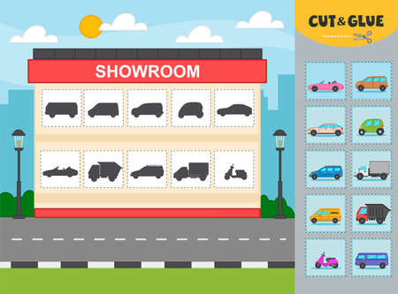 Game for children, working print sheet. showroom car. Paper application. Cut and glue, auto find by shadow. vector illustration. Children funny riddle entertainmentのイラスト素材
