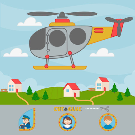 Activity game for kids with helicopter. vector illustration. Cut and glue the helicopter's passengers. Paper application. Children funny riddle entertainmentのイラスト素材