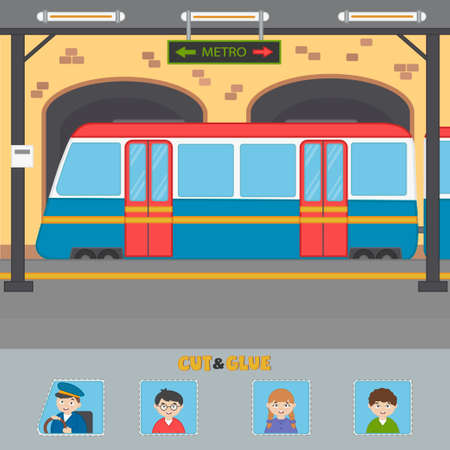 Activity game for children with underground subway train. multicolored steam locomotive. vector illustration. Cut and glue the train's passengers. Paper application. Children funny riddle entertainmentのイラスト素材