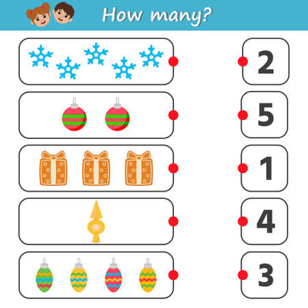 Game for children with pictures on Christmas theme. Ho many Vector kids activity sheet. Children funny riddle entertainment.のイラスト素材